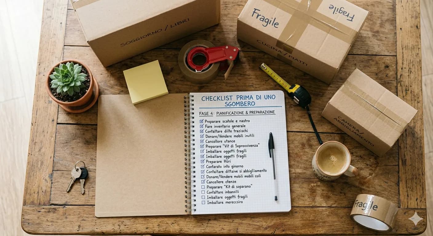 Checklist e scatole pronte prima di uno sgombero a Milano
