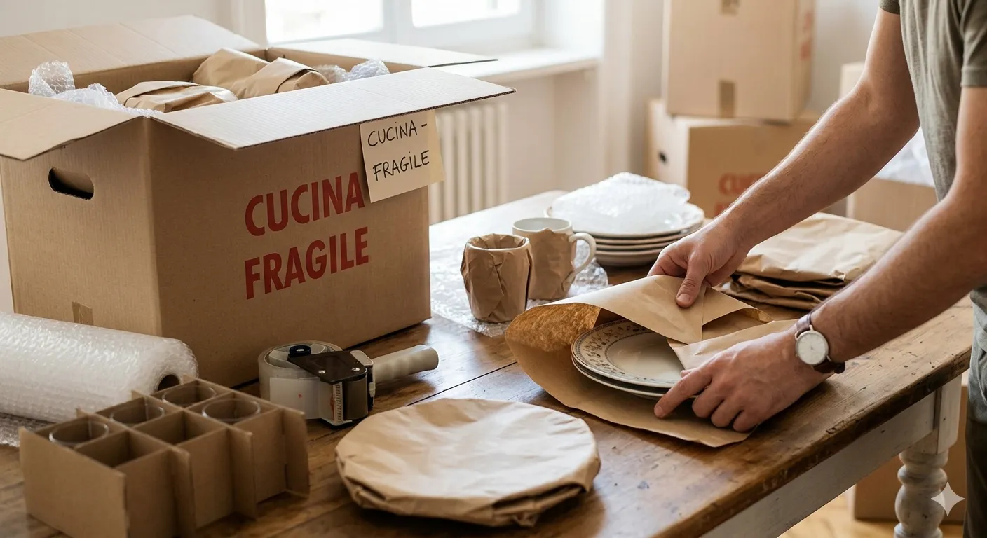 Mani che imballano un oggetto fragile nella carta durante un trasloco