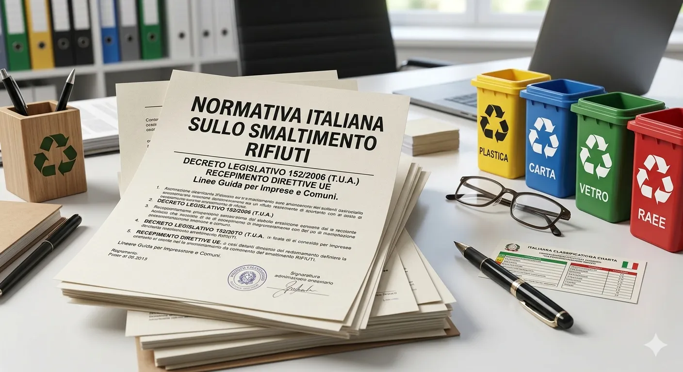 Simboli del riciclo e documenti sulla normativa smaltimento rifiuti