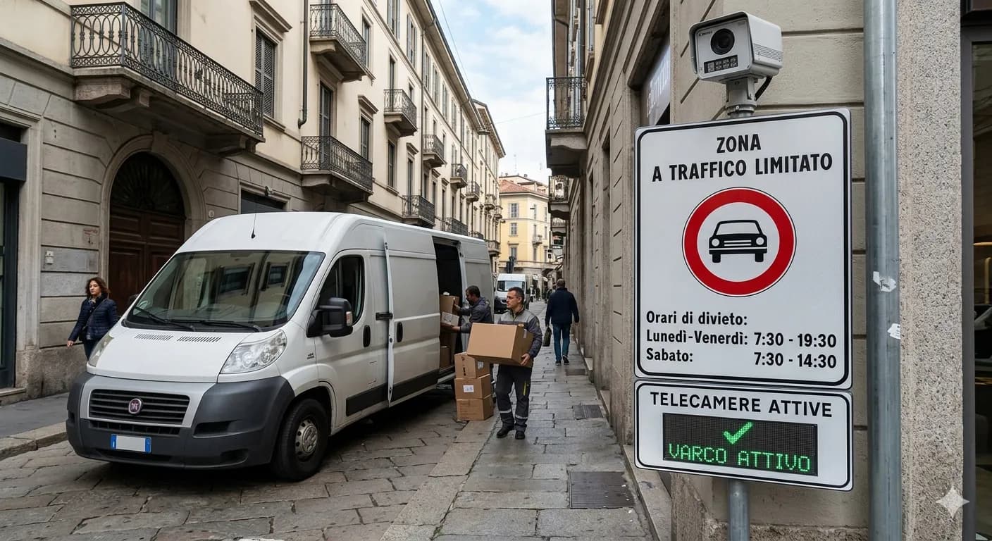 Cartello ZTL a Milano con un furgone per traslochi nei pressi