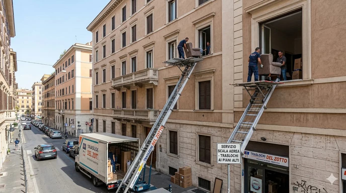 Piattaforma aerea sollevata verso una finestra ai piani alti per un trasloco