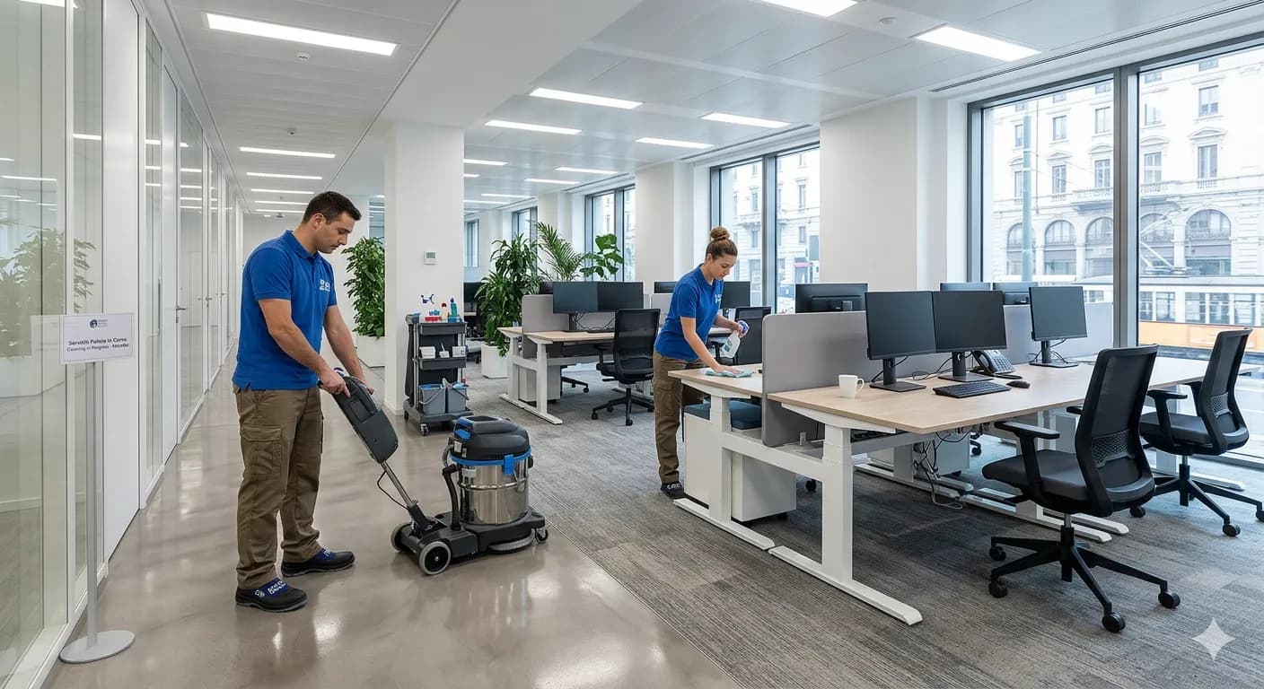 Ufficio moderno e ordinato durante le pulizie a Milano
