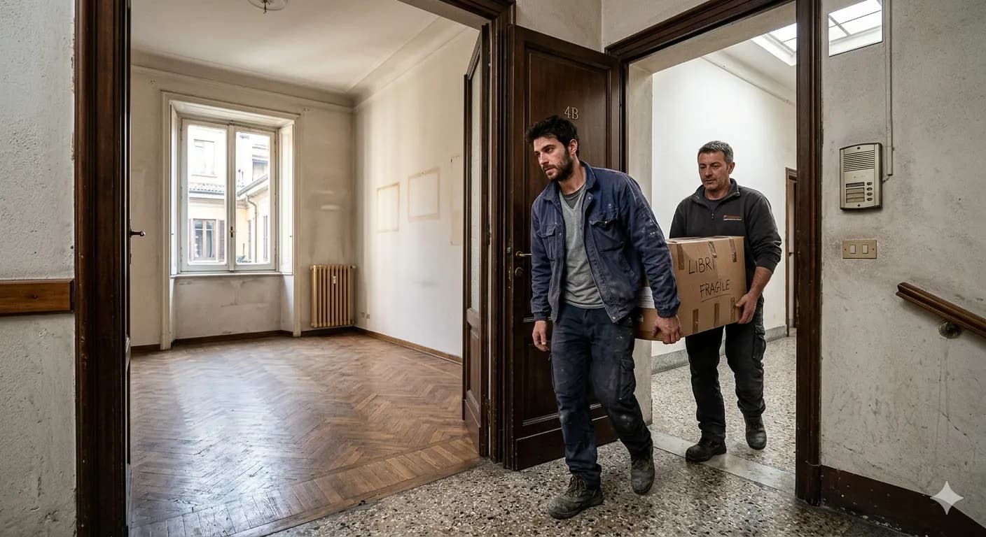 Operai durante uno sgombero appartamento a Milano con scatoloni e mobili