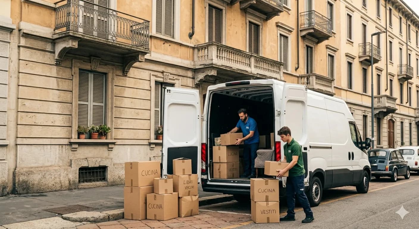 Furgone per traslochi e scatoloni davanti a un palazzo di Milano