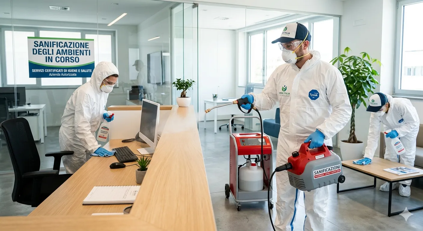 Operatore esegue la sanificazione di un ambiente interno a Milano