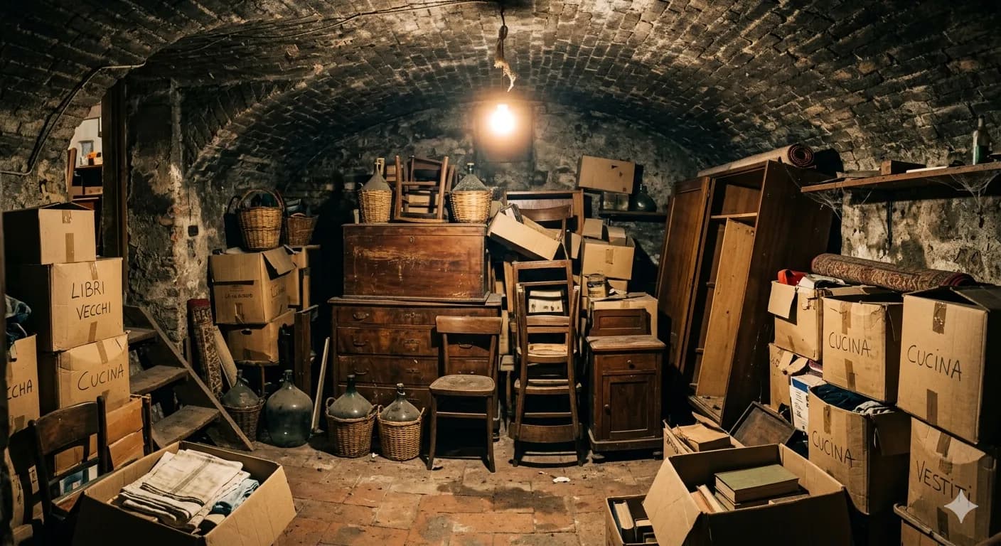 Cantina milanese ingombra di mobili e scatoloni da svuotare
