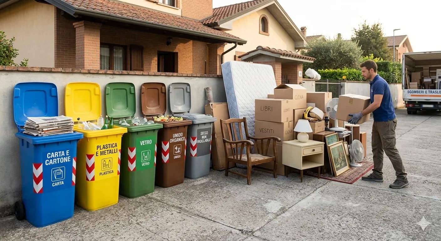 Bidoni della raccolta differenziata accanto a materiali di uno sgombero