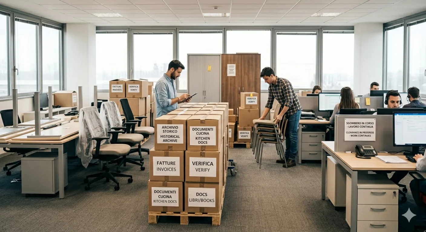 Ufficio in fase di sgombero con scrivanie e scatole d'archivio a Milano