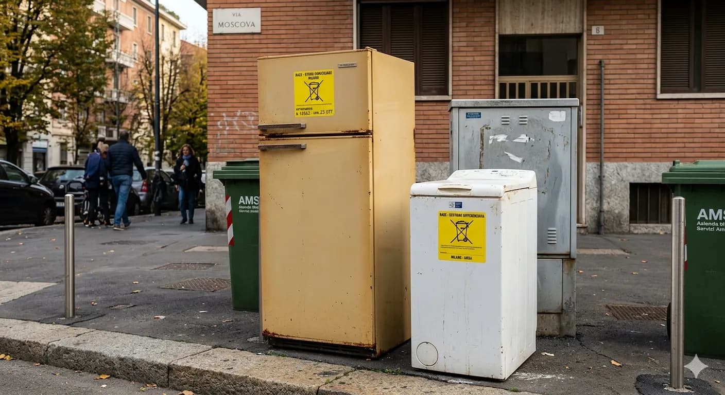 Vecchio frigorifero e lavatrice etichettati per smaltimento RAEE a Milano