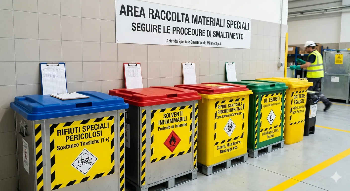 Contenitori etichettati per lo smaltimento di materiali speciali a Milano