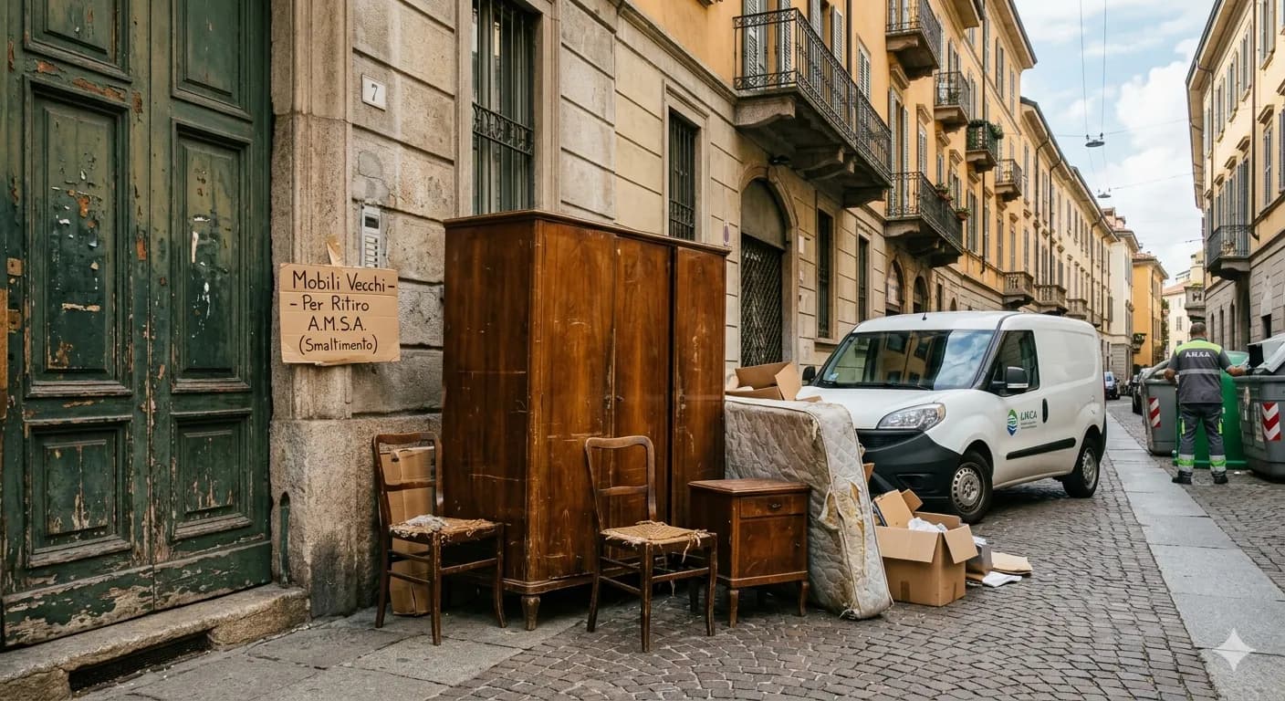 Vecchi mobili in legno pronti per lo smaltimento a Milano