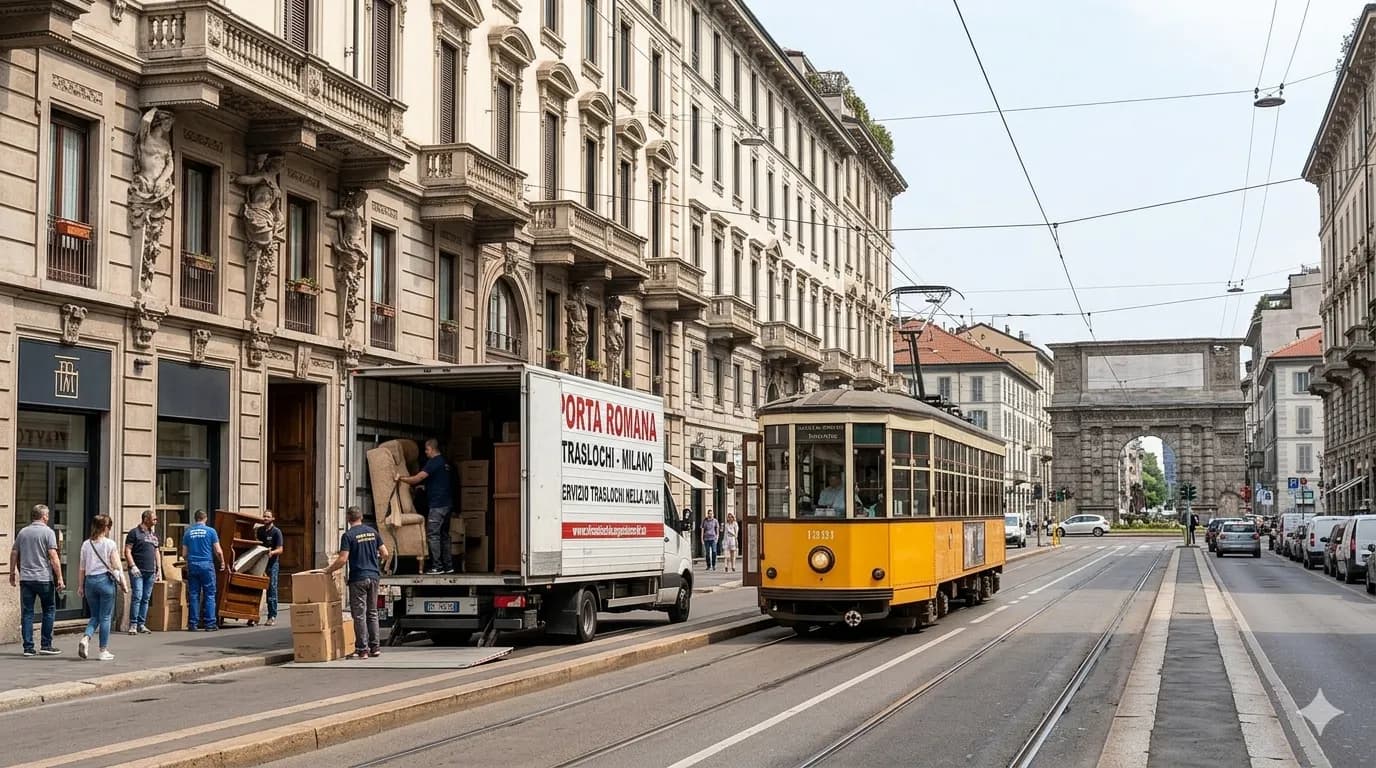 Viale di Porta Romana a Milano con tram e palazzi
